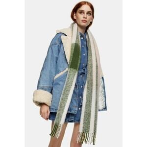 Topshop Brushed green white stripe plaid fringe scarf New